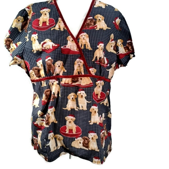 *SOLD* White Cross Scrubs Top Christmas Puppies - Picture 2 of 7